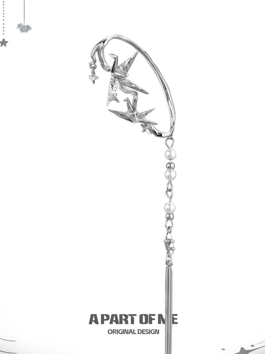 Corigami Era Platinum-Plated Design Pearl Tassel Paper Crane Ear Cuffs Ear Climbers™