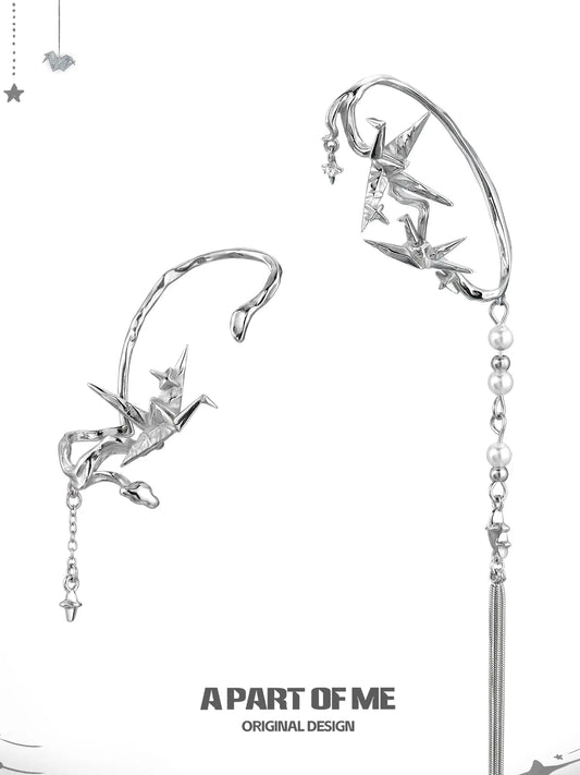 Corigami Era Platinum-Plated Design Pearl Tassel Paper Crane Ear Cuffs Ear Climbers™