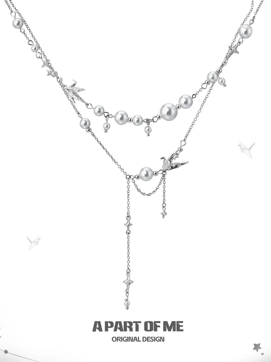 Corigami Era Platinum-Plated Pearl Paper Crane Layered Necklace™