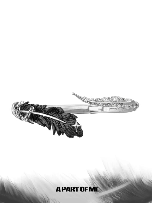 Divine Plume Platinum-Plated White Dove and Raven Love Black and White Feather Adjustable Bangle™