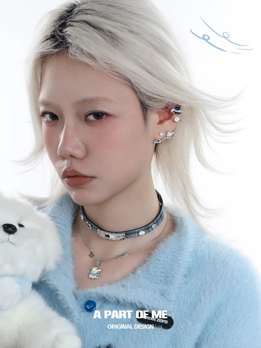 Hello Winter Black Kitten and White Puppy Blue Leather Choker™