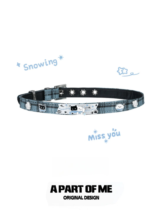 Hello Winter Black Kitten and White Puppy Blue Leather Choker™