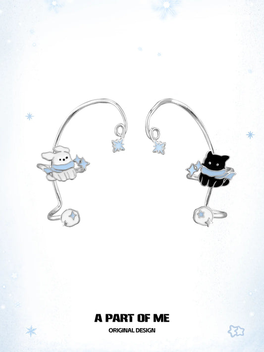 Hello Winter Black Kitten and White Puppy Irregular Ear Cuffs Ear Climbers™