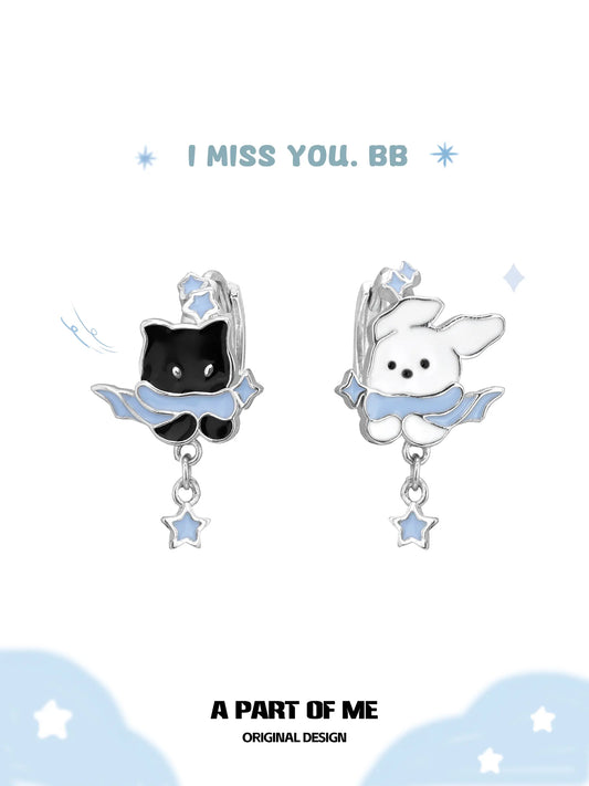 Hello Winter Platinum-Plated Black Kitten and White Puppy Drop Hoop Earrings™