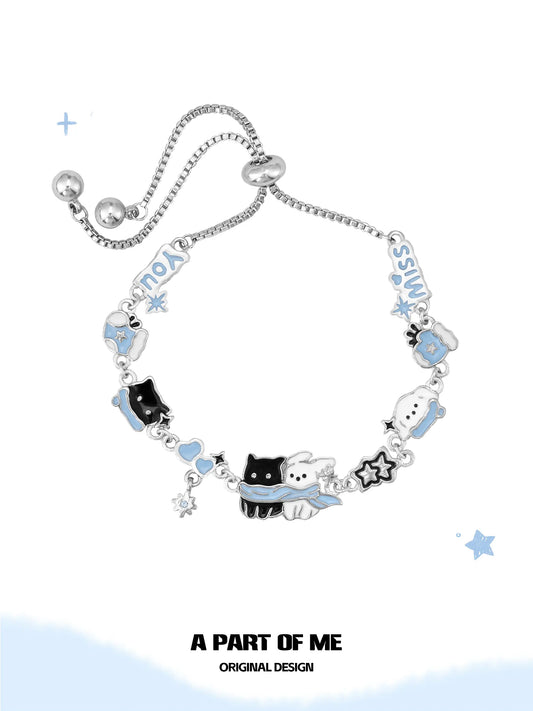 Hello Winter Platinum-Plated Black Kitten and White Puppy Pull-Adjustable Bracelet™