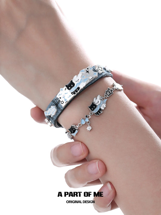 Hello Winter Platinum-Plated Black Kitten and White Puppy Pull-Adjustable Bracelet™