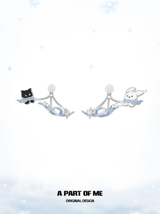 Hello Winter Platinum-Plated Black Kitten and White Puppy Stud Earrings™