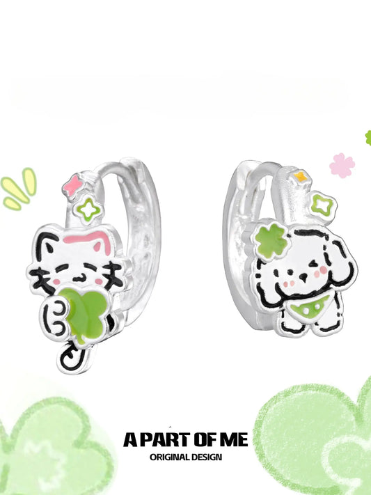 Lucky Clover 18K Platinum Plated Kitten & Puppy Earrings™