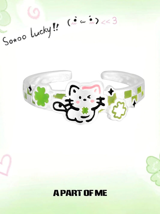 Lucky Clover 925 Sterling Silver Kitten & Puppy Adjustable Open Ring™