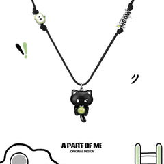 Meow 18K Platinum Plated Apple Cat Pendant Black Cord Necklace™