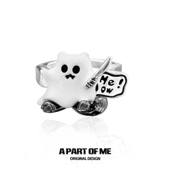 Meow Bandit Kitty Ghost Cat 18K Platinum Plated Couple Adjustable Open Rings™