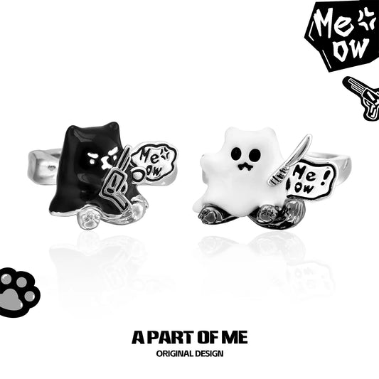 Meow Bandit Kitty Ghost Cat 18K Platinum Plated Couple Adjustable Open Rings™