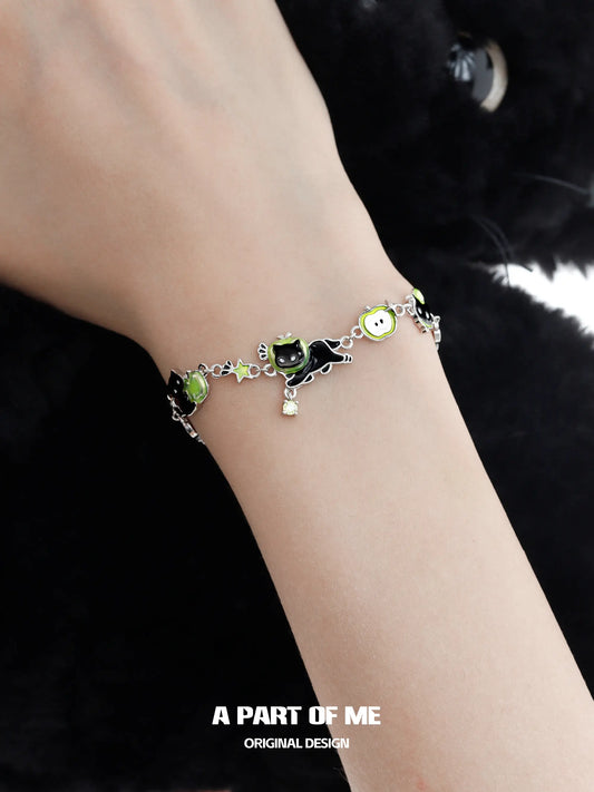 Summer Fruity 18K Platinum Plated Black Kitten & Green Apple Bracelet™