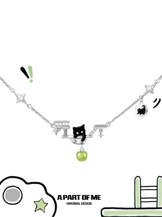 Summer Fruity 18K Platinum Plated Black Kitten & Green Apple Choker Necklace™