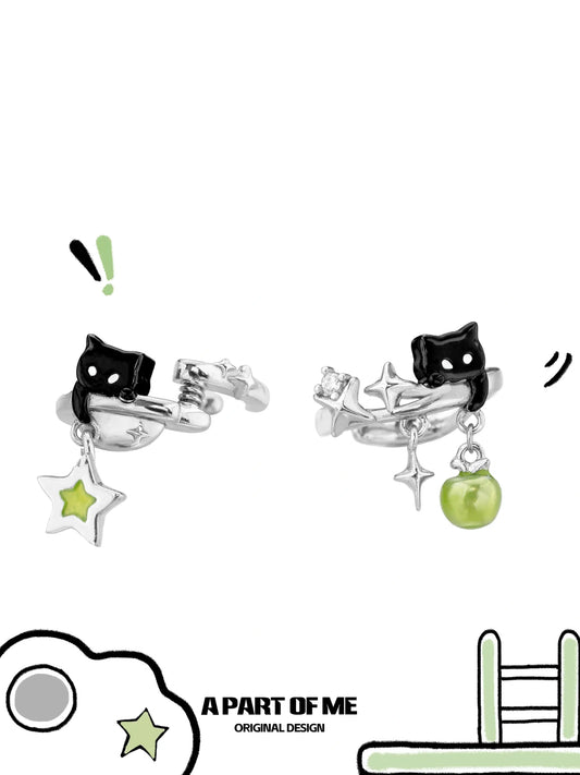 Summer Fruity 18K Platinum Plated Black Kitten & Green Apple Earclips Ear Clips™