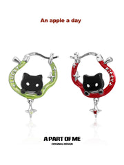 Summer Fruity Black Cat and Apple Asymmetrical Hook Earrings™