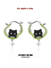 Summer Fruity Black Cat and Apple Asymmetrical Hook Earrings™