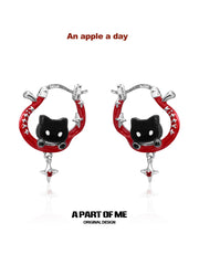 Summer Fruity Black Cat and Apple Asymmetrical Hook Earrings™