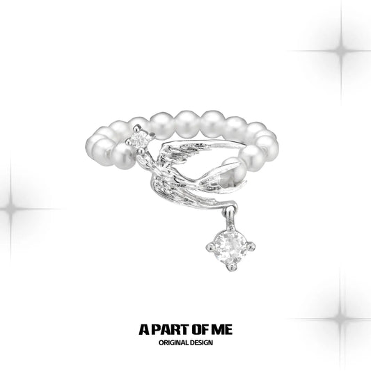 윙드 그레이스 925 스털링 실버 천연 진주 제비 조절식 오픈 링™