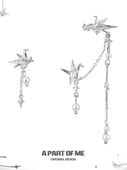 Corigami Era Original Platinum-Plated Paper Crane One-Piece Dangle Earring and Ear Cuff Set™