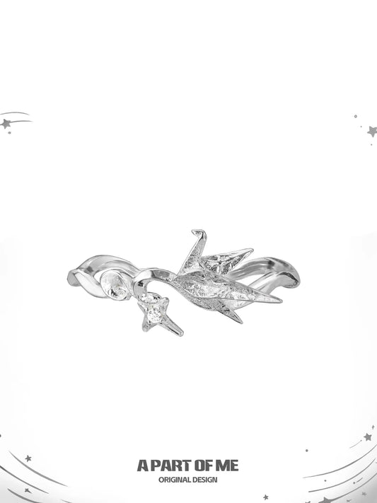 Corigami Era Sterling Silver Pearl Open Adjustable Paper Crane Ring™