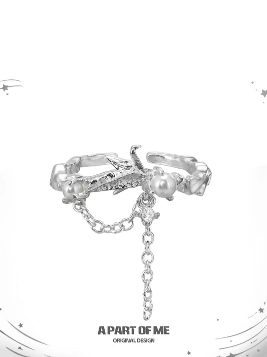 Corigami Era Sterling Silver Pearl Open Adjustable Paper Crane Ring™