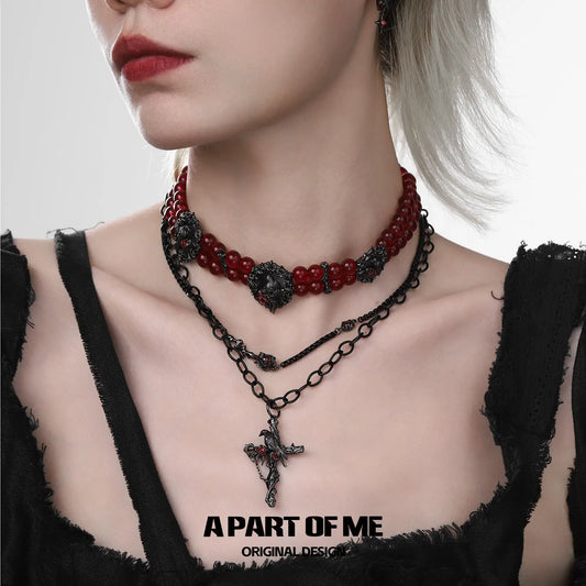 Dark Crows 18K Black Gold Plated Dark Aesthetic Embossed Red Beaded Choker Necklace™