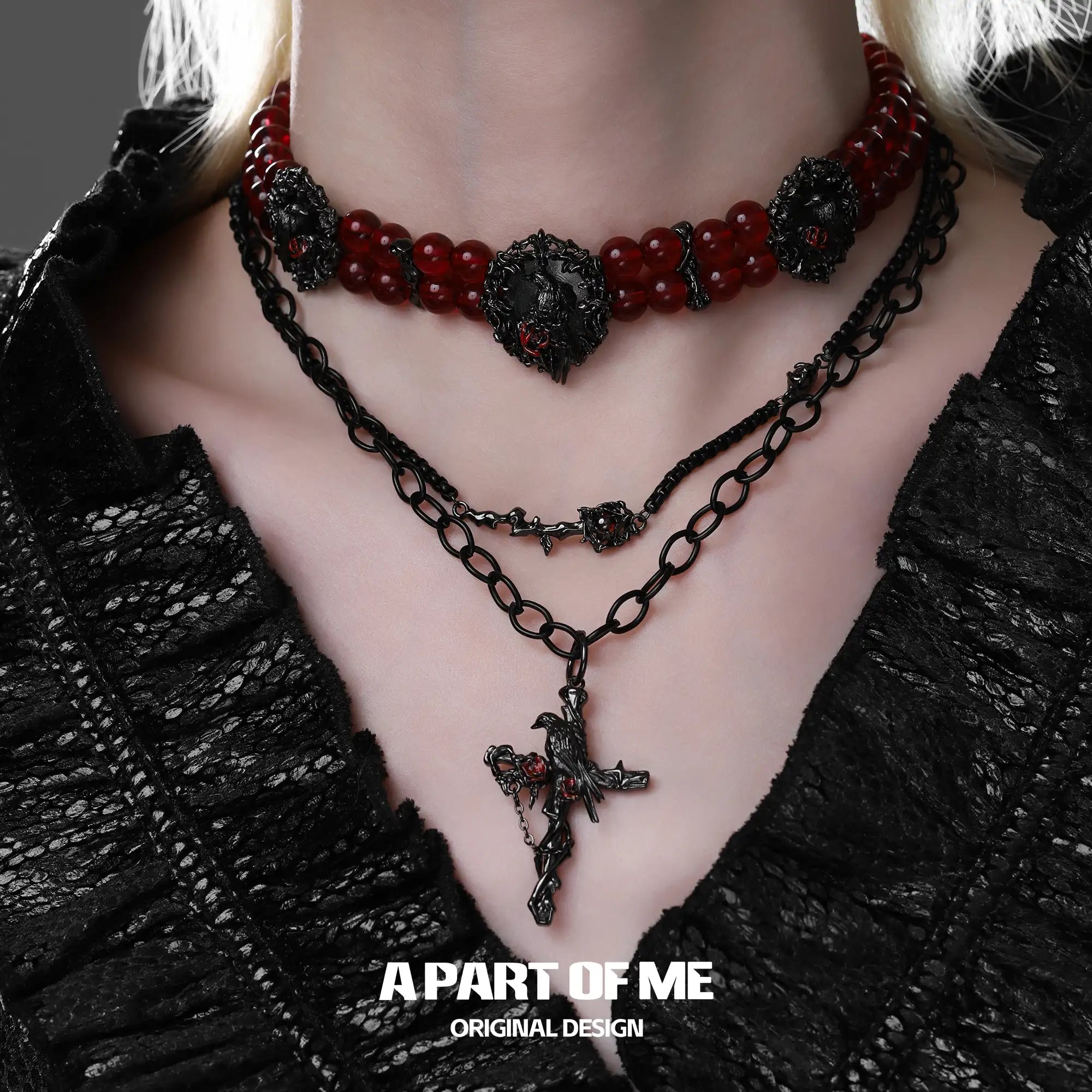 Dark Crows 18K Black Gold Plated Dark Aesthetic Embossed Red Beaded Choker Necklace™