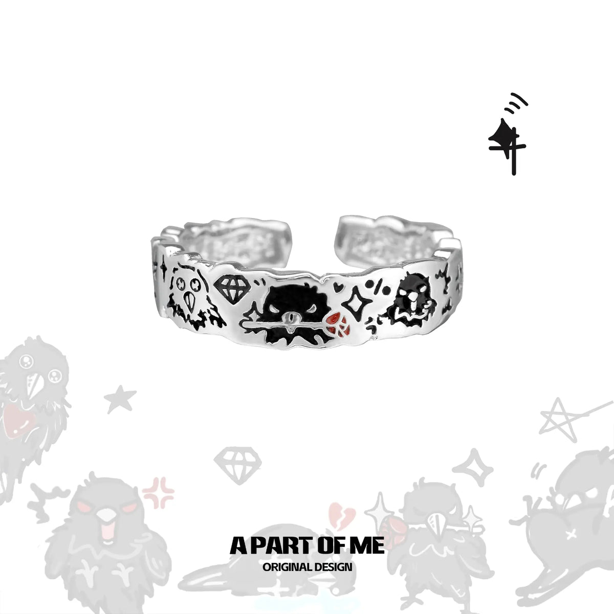 Dark Crows Graffiti Crows 925 Sterling Silver Adjustable Open Ring™