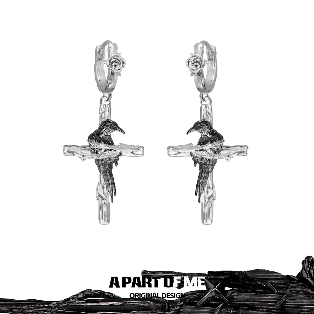 Dark Crows 18K Platinum Plating Captive Raven Cross Earrings™