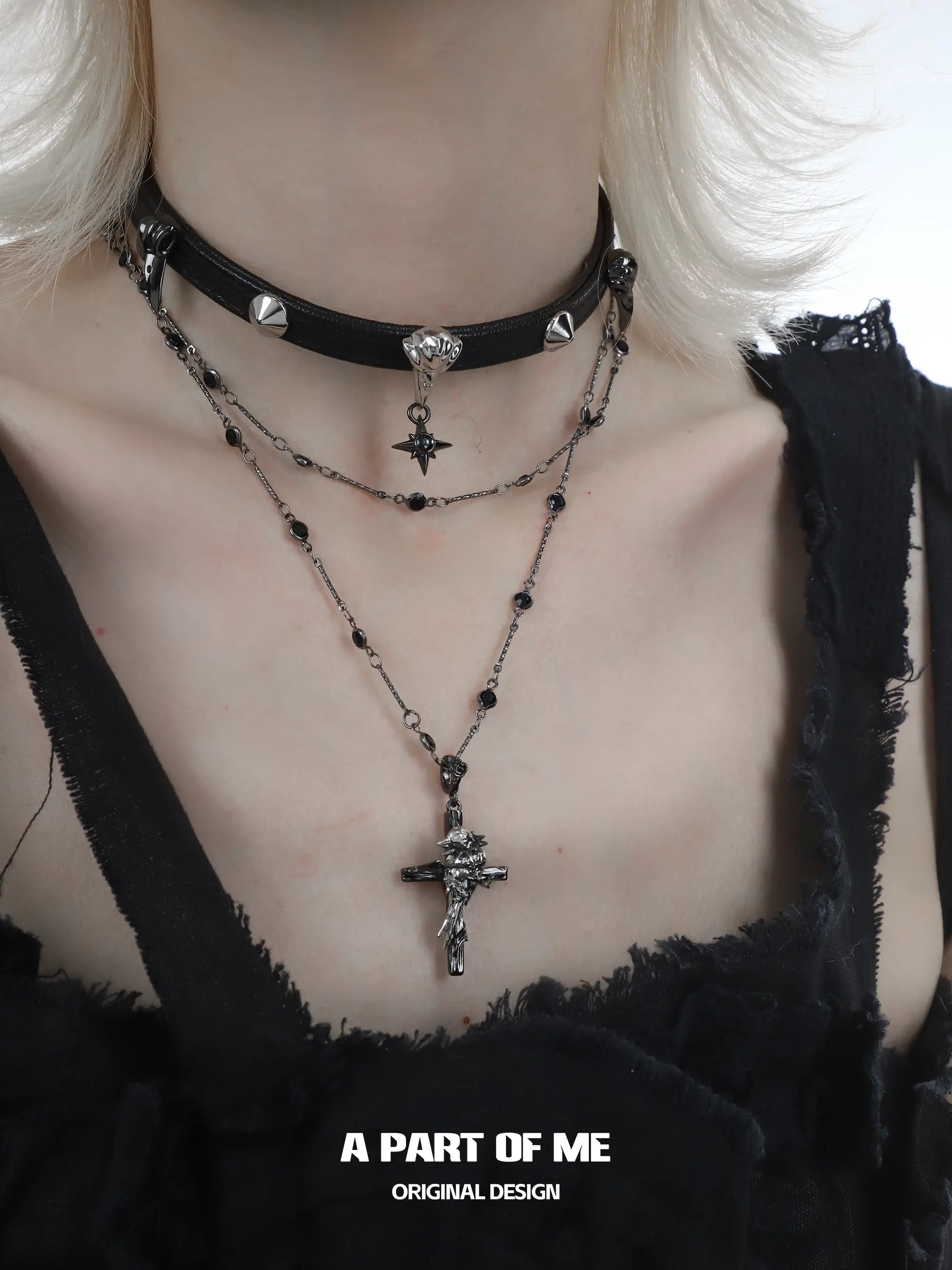Dark Crows 18K Platinum Plating Leather Captive Raven Cross Chokers Necklaces™