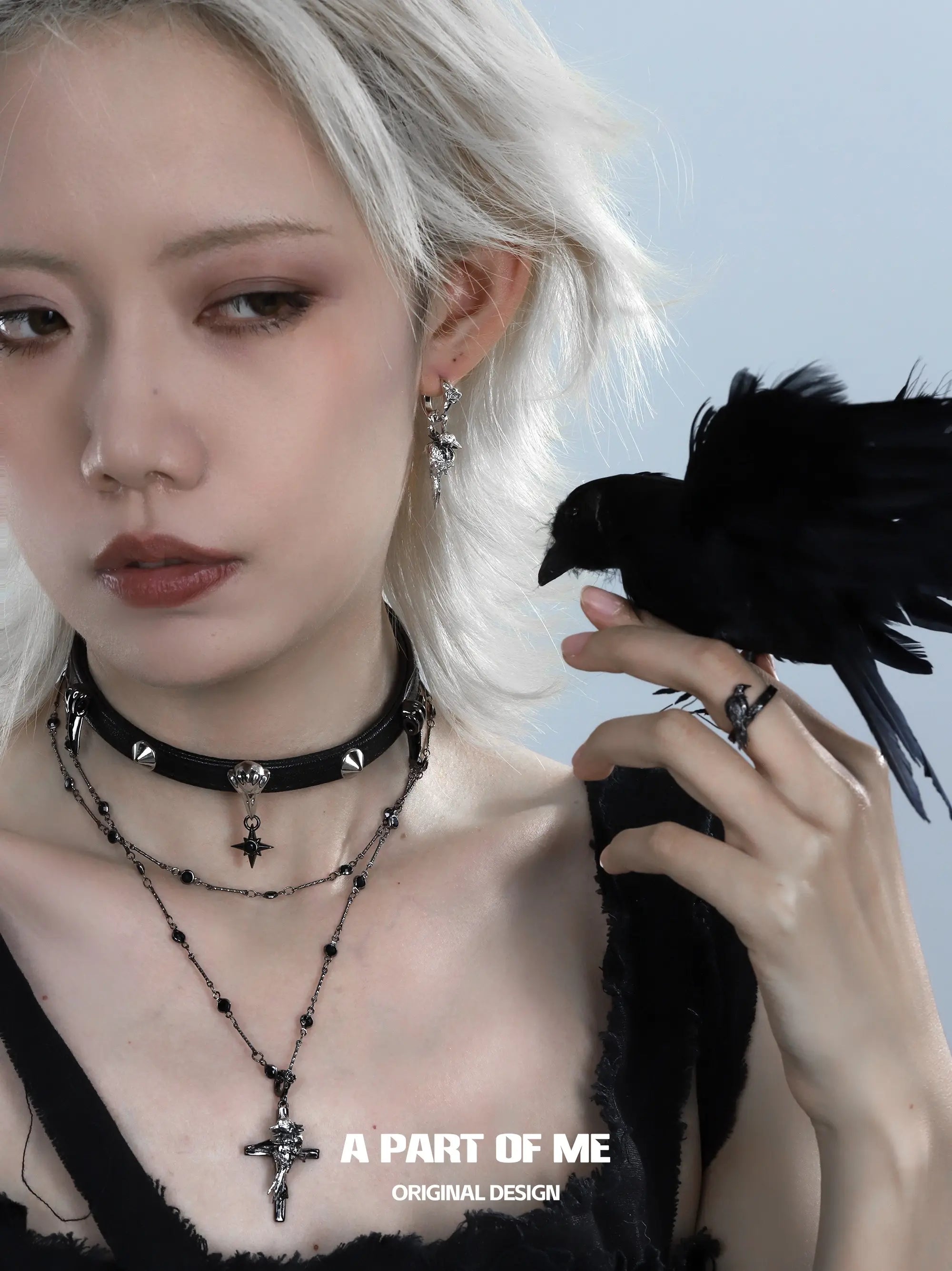 Dark Crows 18K Platinum Plating Leather Captive Raven Cross Chokers Necklaces™