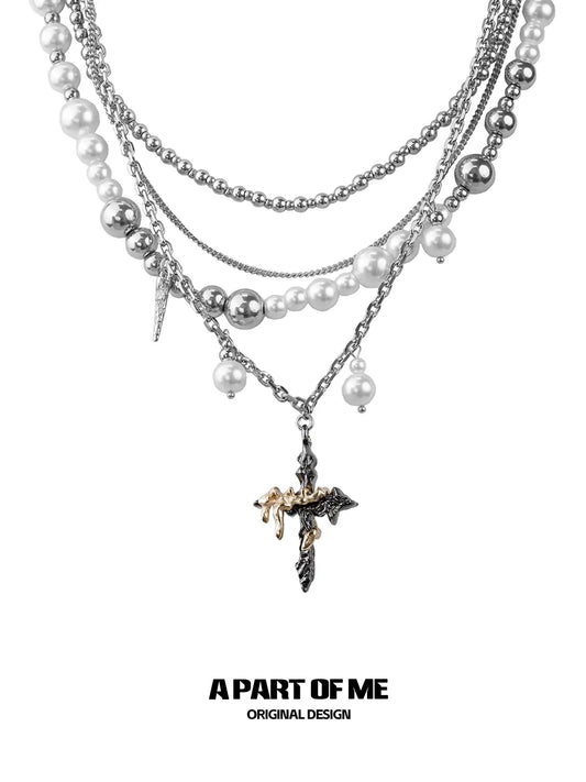 Forever Elegant Heavy Craft Multi-Layer Pearls Beaded Cross Pendant Necklace™