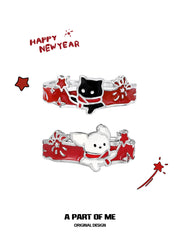 Happy New Year 925 Sterling Silver Kittens and Puppies Setting Off Fireworks Adjustable Ring™