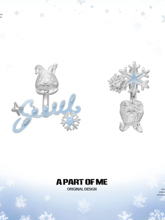 Hello Winter 925 Sterling Silver Snowflake Rabbit Asymmetrical Stud Earrings™