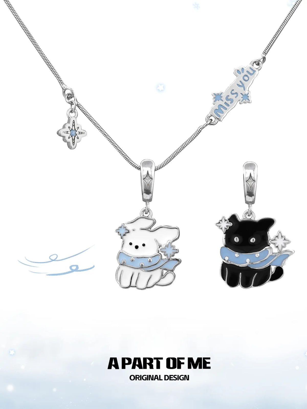Hello Winter Platinum-Plated Black Kitten and White Puppy Pendant Necklace™