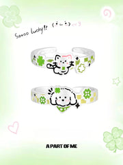 แหวนเปิดปรับได้รูปลูกแมวและลูกสุนัข Lucky Clover เงินสเตอร์ลิง 925