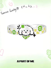 แหวนเปิดปรับได้รูปลูกแมวและลูกสุนัข Lucky Clover เงินสเตอร์ลิง 925