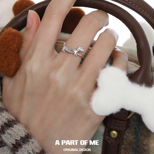 Lucky Puppy 925 Sterling Silver Sausage Dog Adjustable Open Ring™