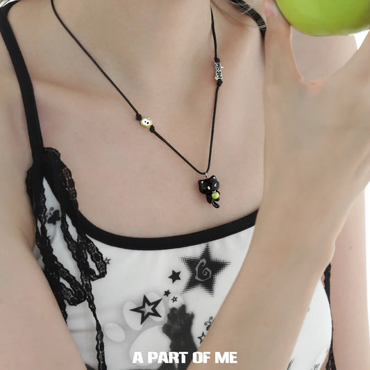 Meow 18K Platinum Plated Apple Cat Pendant Black Cord Necklace™