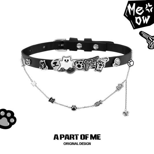 Meow Bandit Kitty Ghost Cat 18K Platinum Plated Leather Choker Necklace™