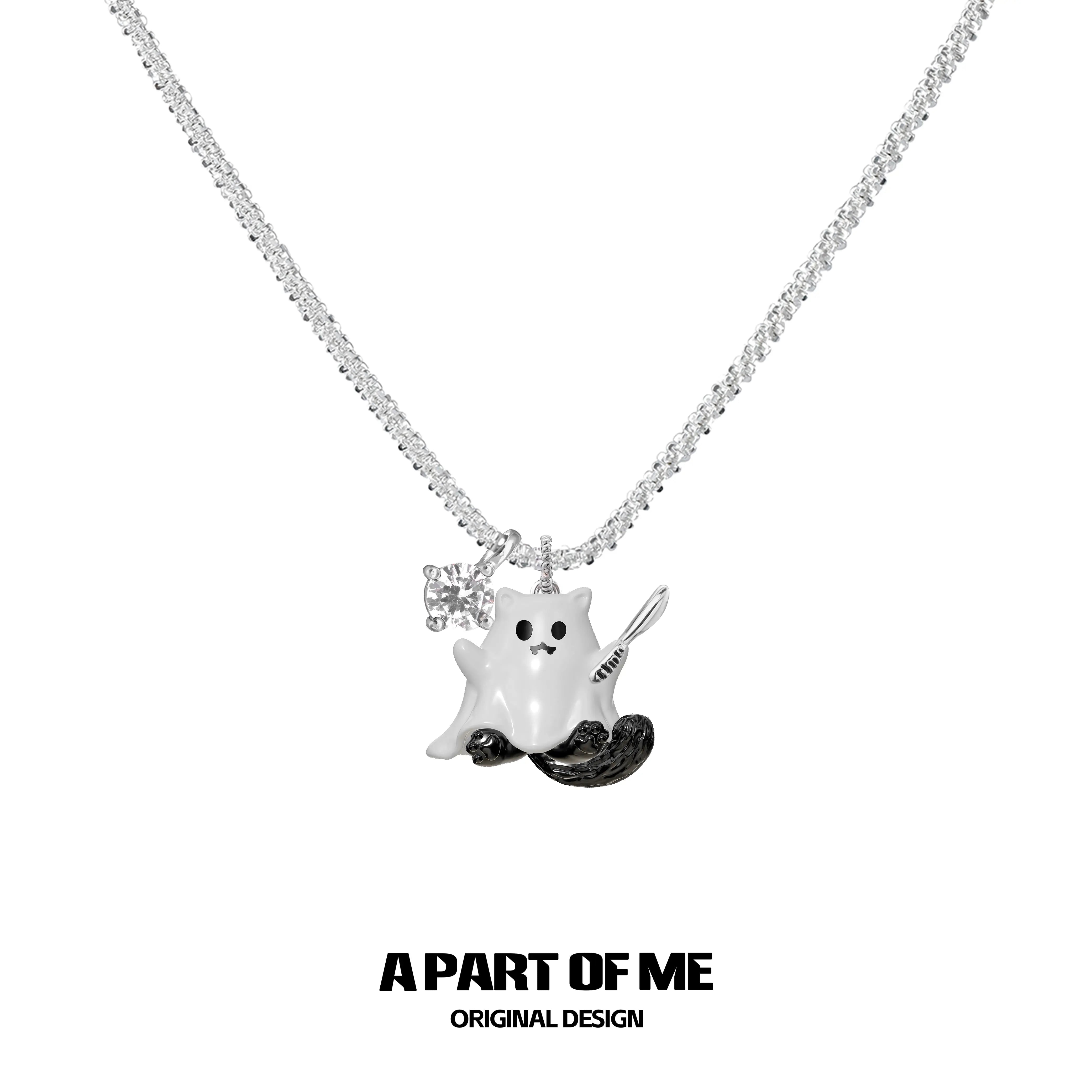 Meow Bandit Kitty Ghost Cat 18K Platinum Plated Pendant Necklace™