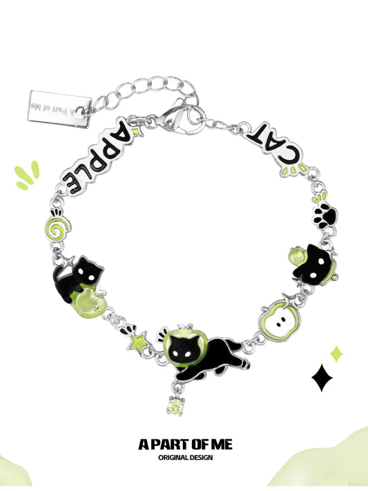 Summer Fruity 18K Platinum Plated Black Kitten ＆ Green Apple Bracelet™