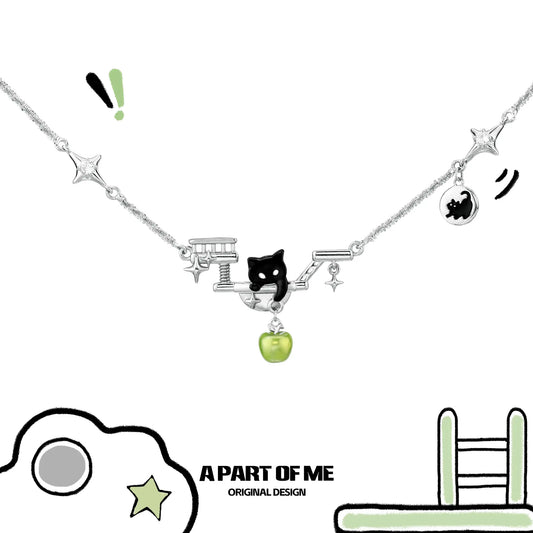 Summer Fruity 18K Platinum Plated Black Kitten ＆ Green Apple Choker Necklace™