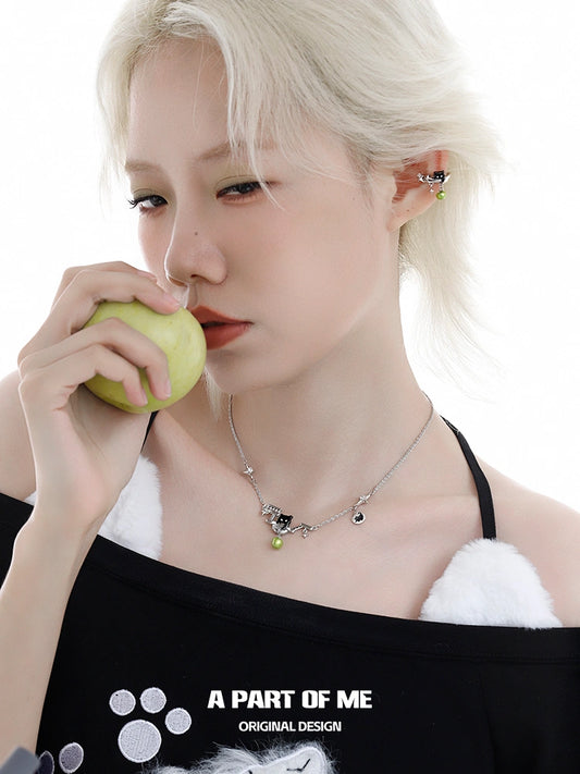 Summer Fruity 18K Platinum Plated Black Kitten ＆ Green Apple Choker Necklace™