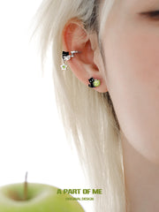 Summer Fruity 18K Platinum Plated Black Kitten ＆ Green Apple Earclips Ear Clips™