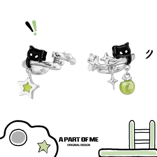 Summer Fruity 18K Platinum Plated Black Kitten ＆ Green Apple Earclips Ear Clips™