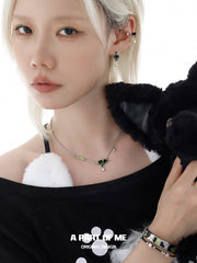 Summer Fruity 18K Platinum Plated Black Kitten ＆ Green Apple Earclips Ear Clips™
