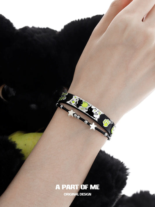 Summer Fruity 18K Platinum Plated Black Kitten ＆ Green Apple Leather Bracelet Bangle™