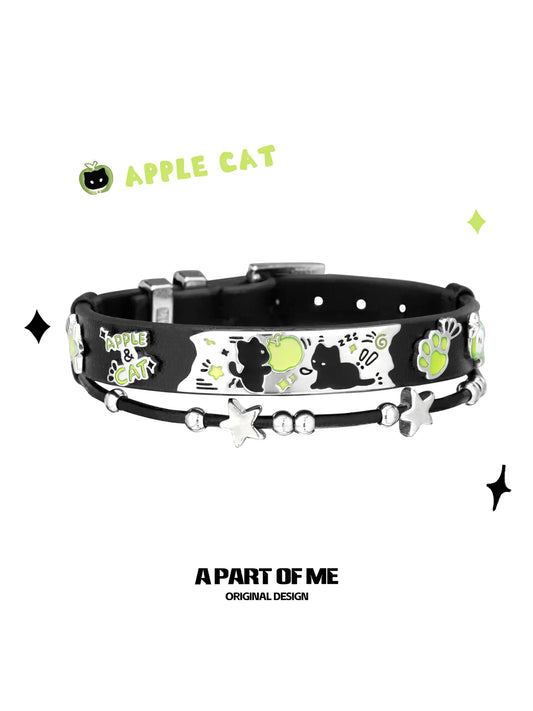 Summer Fruity 18K Platinum Plated Black Kitten ＆ Green Apple Leather Bracelet Bangle™